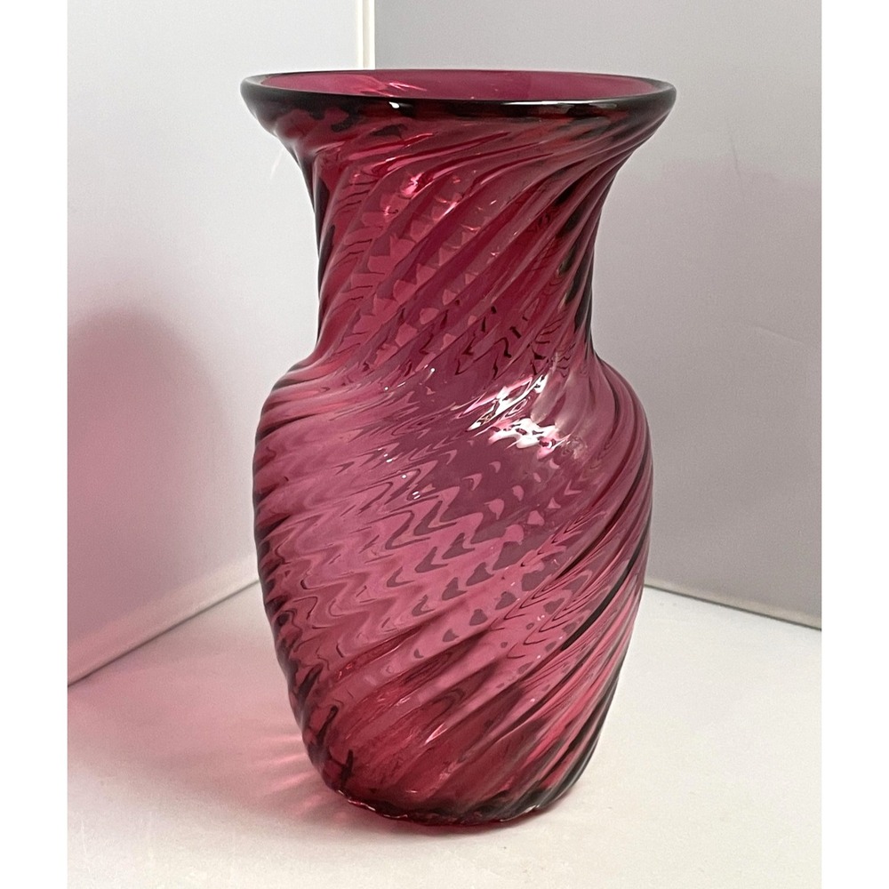 Vintage Cranberry Glass Swirl Optic Vase 6.75" Hand Blown Art Glass Decor